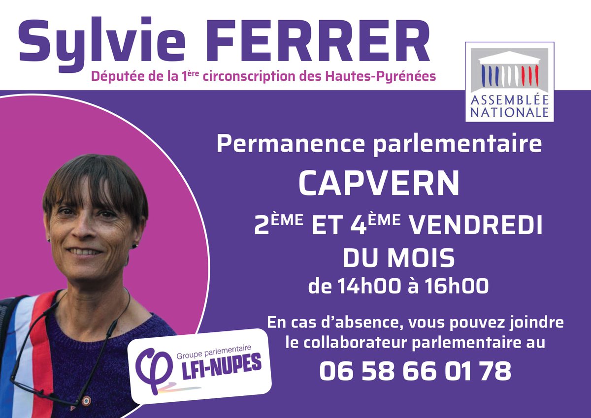 FerrerSylvie11's tweet photo. 📌Ma permanence sera ouverte demain à #Capvern, à la bibliothèque Jack Ralite de 14h à 16h.

Pour contacter mon équipe et prendre RDV :
📞06 58 66 01 78 /06 60 92 78 11
🖊️ sylvie.ferrer@assemblee-nationale.fr
🌐Sylvie_Ferrer65
📬20 place de Strasbourg à Bagnères-de-Bigorre https://t.co/A5vXgohKyT