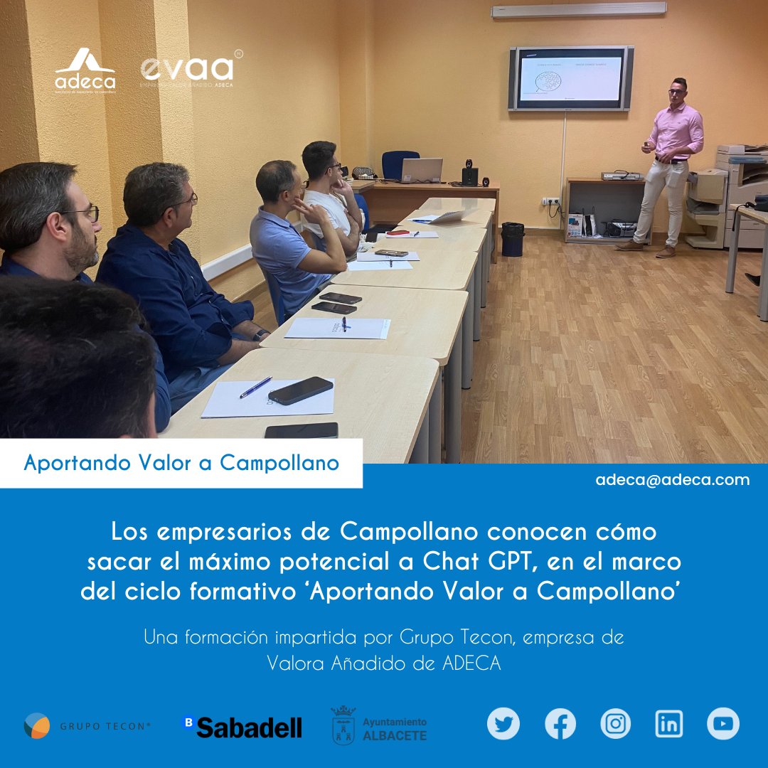 AdecaCampollano's tweet photo. ⏪ El pasado viernes, la sede de ADECA acogió la segunda formación del ciclo “Aportando Valor a Campollano”. Grupo Tecon, empresa EVAA, nos mostró cómo Chat GPT y la inteligencia artificial puede ser clave para potenciar la creatividad y productividad de las empresas 🚀. https://t.co/kXJV0ldLCo
