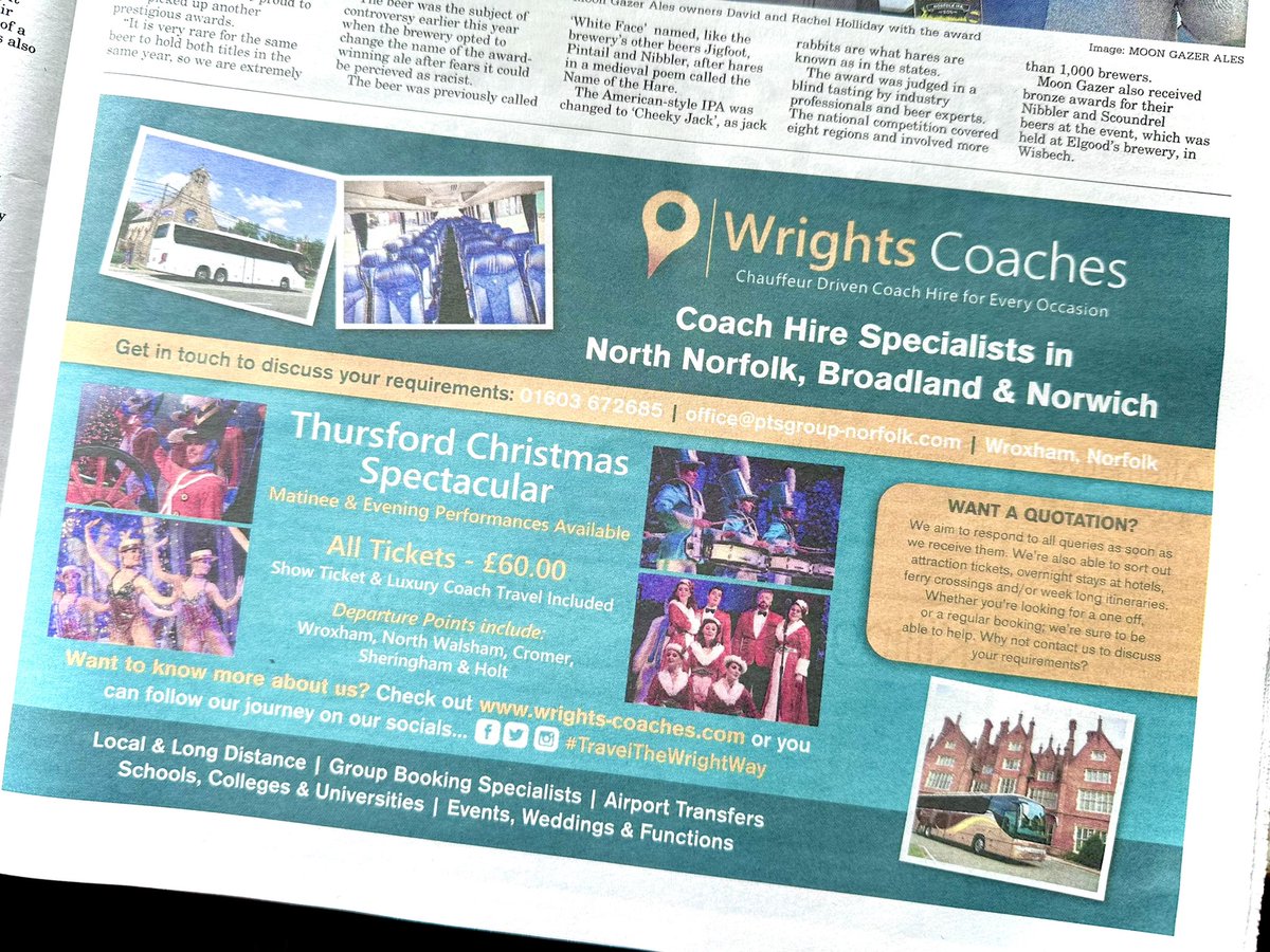 📝 In the paper again with our friends at <a href="/EDP24/">Eastern Daily Press</a> - Have you got your #Thursford tickets yet? Remember we offer departure points across #NorthNorfolk with both Matinee &amp; Evening Performances available! 💛🎅🏽 #TravelTheWrightWay