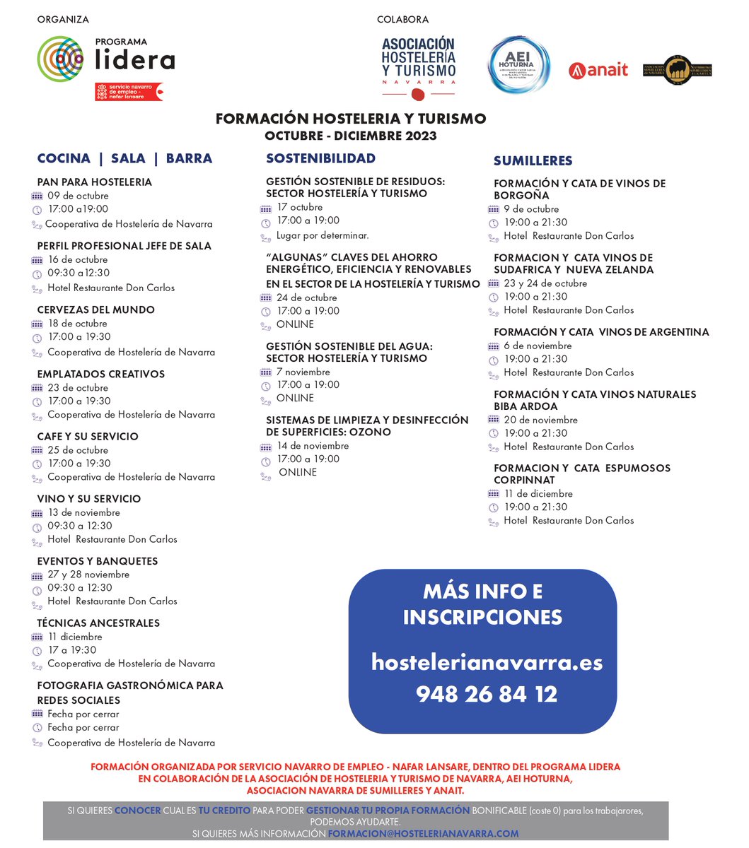 🔊Atención a los #cursos de #FORMACIÓN que organiza el Servicio Navarro de Empleo - Nafar Lansare <a href="/empleo_na/">Empleo - Lansare</a> dentro del programa #LIDERA con la colaboración de <a href="/hostnavarra/">AEHN Hostelería Navarra</a> 
  
📅 #Formación en oct, nov y dic 2023.
 
📩Más info e inscripciones: HosteleriaNavarra.com