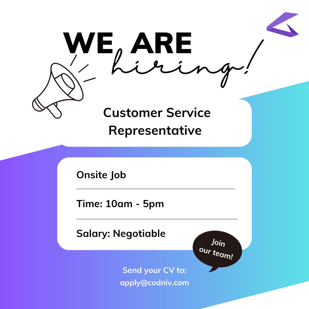 codniv's tweet photo. VACANCY! VACANCY! VACANCY! 
Join Our Team as Customer Service Representative
Email your resume and cover letter to apply@codniv.com. 

Apply before 6th October, 2023 

For more info:
https://t.co/I09fAPU2gA

Contact Us 
9815549209 
https://t.co/2YCKqZ0al9 https://t.co/jAKbu5kGgx