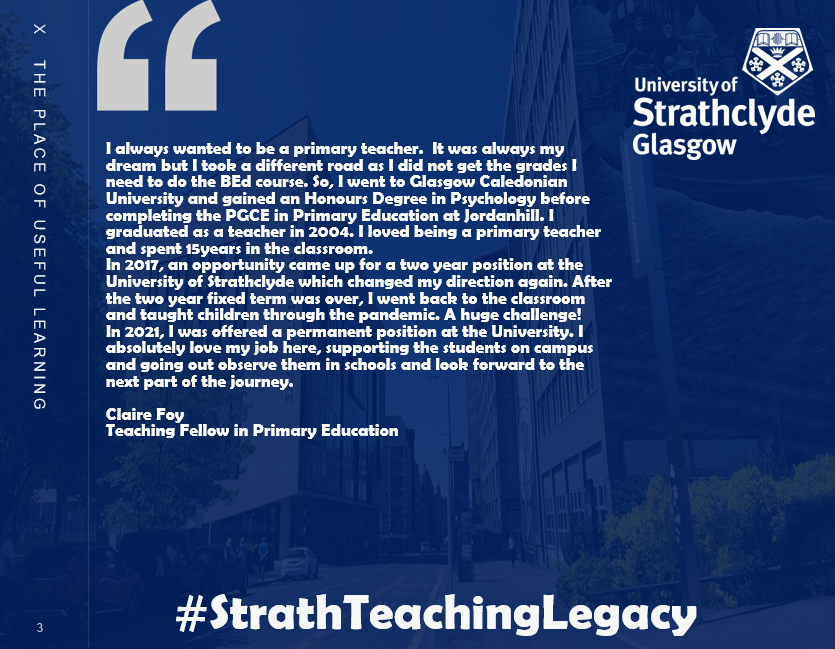 StrathEDU's tweet photo. Today's #StrathTeachingLegacy features our award winning primary education Teaching Fellow, Claire Foy @ClaireFoy10. Claire is such a light in our Institute, a friend and mentor to all she works with. Read more about her story here... #WorldTeachersDay https://t.co/F40Q1urVSC