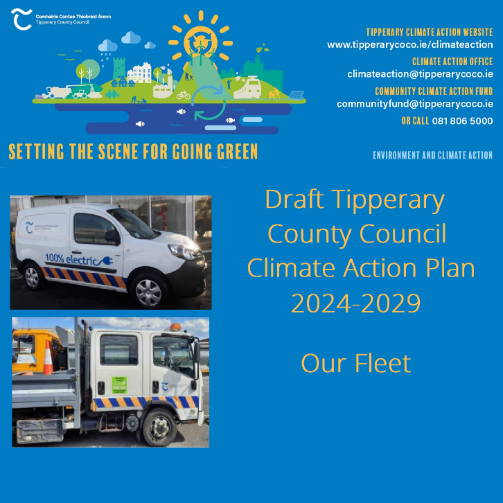 The Council use more than 250 vehicles to deliver services to the public. A quarter of all Council GHG emissions come from our vehicles. To read  how the Council are investing in their fleet go to Climate Action Our Vehicles | Tipperary County Council (tipperarycoco.ie)