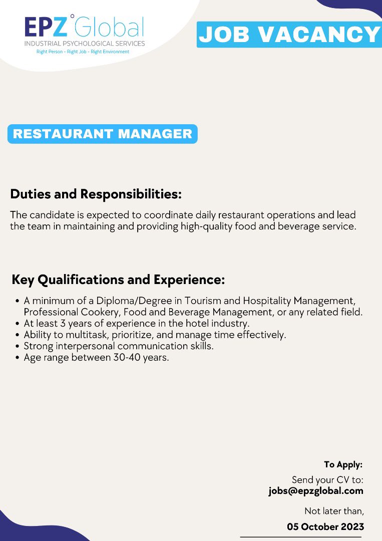 We are hiring! Position: Restaurant Manager See post for details #careers #hrpartner