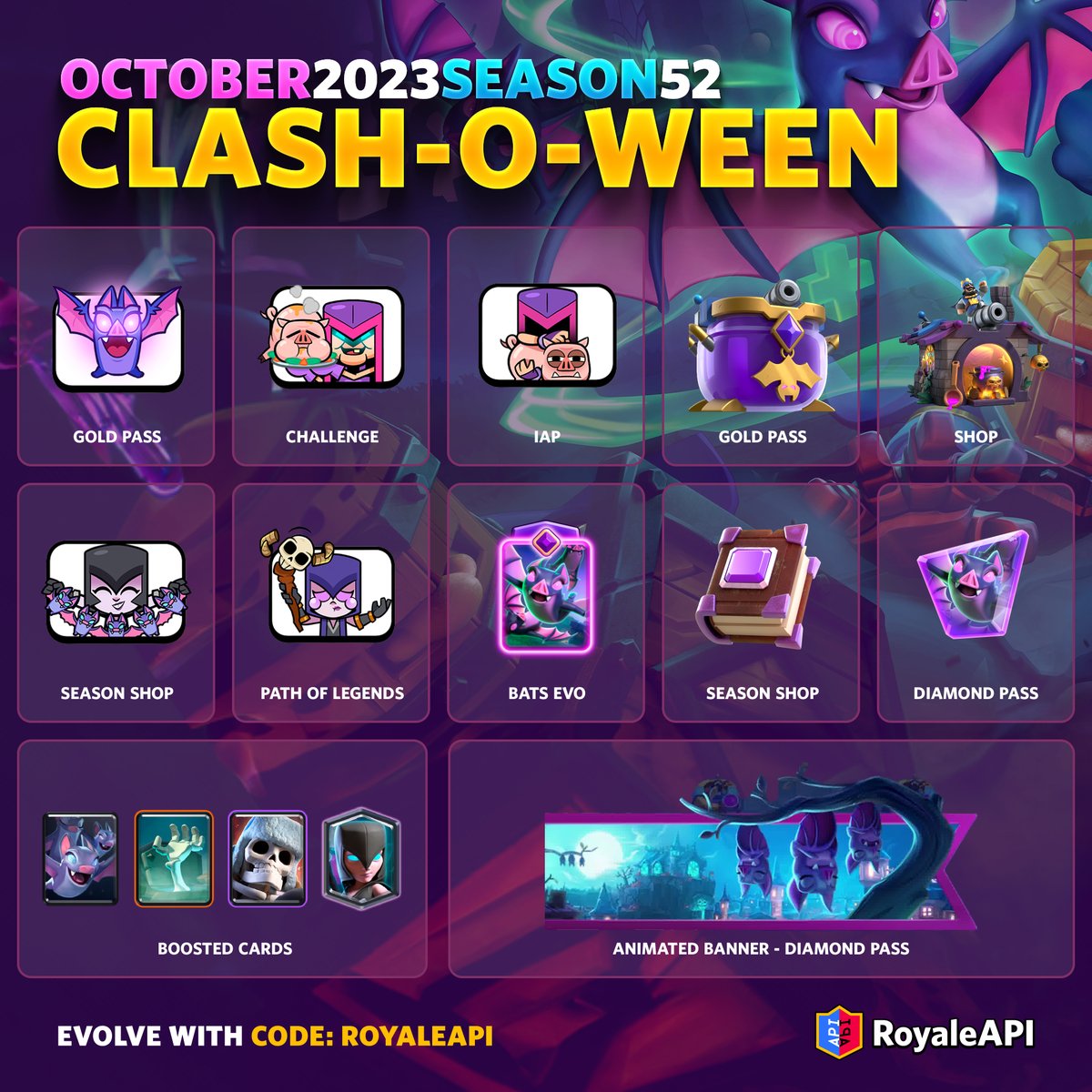 RoyaleAPI's tweet image. October Season “Clash-O-Ween” checklist!
🎃 Season: on.royaleapi.com/season52
🥰 Code: royaleapi.com/code
Get 10% off from the Supercell Store:
💎 Diamond: on.royaleapi.com/storepassd
⭐️ Gold: on.royaleapi.com/storepassg
#ClashRoyale #クラロワ #RoyaleAPI