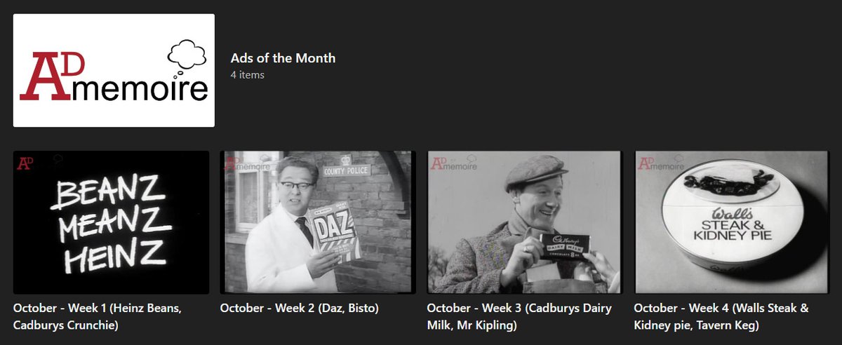 AdMemoire's tweet photo. October's 'Ads of the Month' on the Ad-Memoire app include:  Heinz Beans (1967), Daz Washing Powder (1960), Cadbury's Dairy Milk (1958)  &amp; Wall's Steak &amp; Kidney Pie (1960)

#reminiscence #dementia #carehomes #NHS https://t.co/SZk9CtUJlh