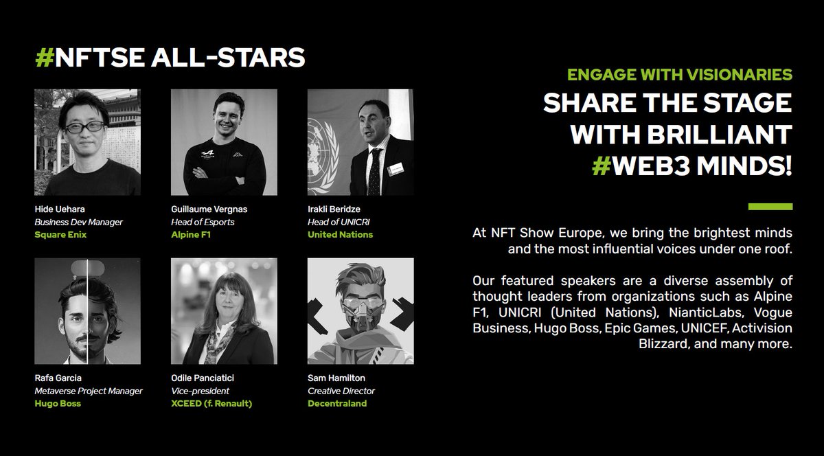 📢 Call for speakers for #NFTSE 2024 is live now!

At NFT Show Europe, we bring the brightest minds and the most influential voices under one roof.

Our featured speakers are a diverse assembly of thought leaders from organizations such as <a href="/Alpine_Web3/">Alpine Web3</a>, <a href="/UNICRI/">UNICRI</a> - United Nations