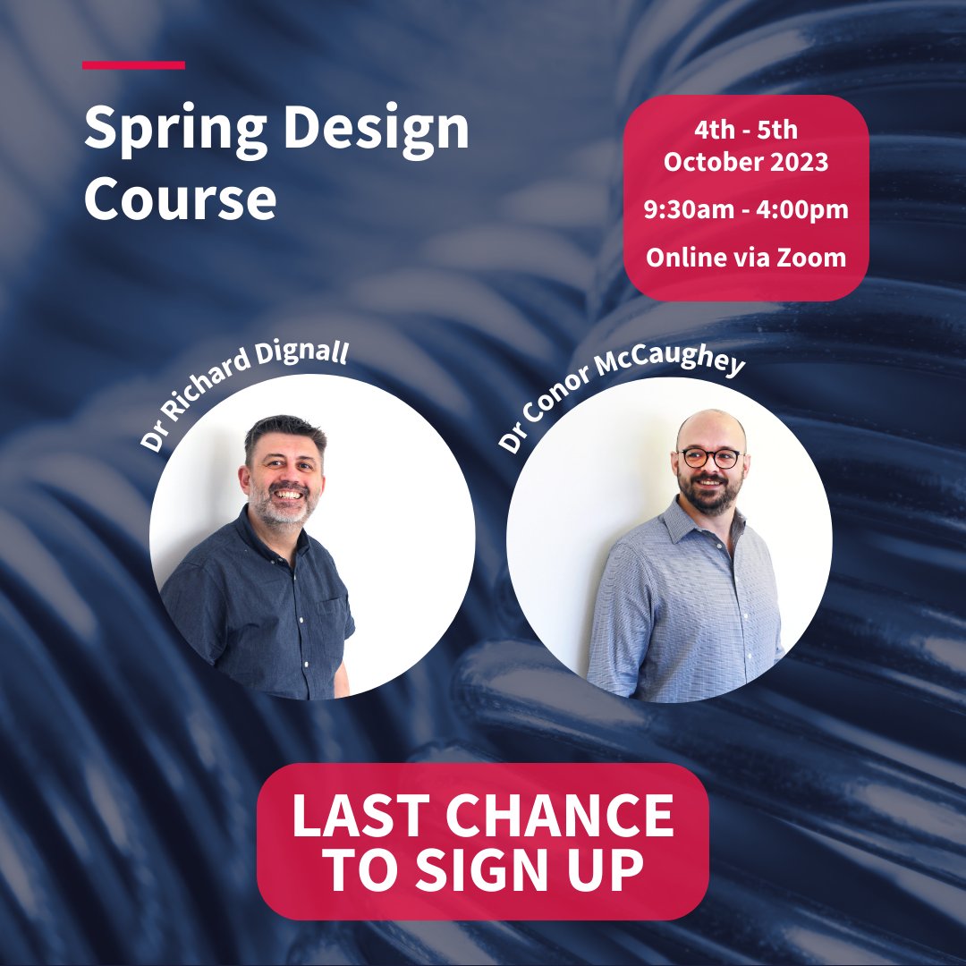istsprings's tweet photo. 𝗟𝗔𝗦𝗧 𝗖𝗛𝗔𝗡𝗖𝗘 to sign up for our Practical #SpringDesign training course!
This is for anyone who wants to learn more about spring design, materials & failure - you can expect it to be high-impact, engaging & expert-led event.
Secure your spot: https://t.co/78hRKJPjlN https://t.co/wM2WlfATw8