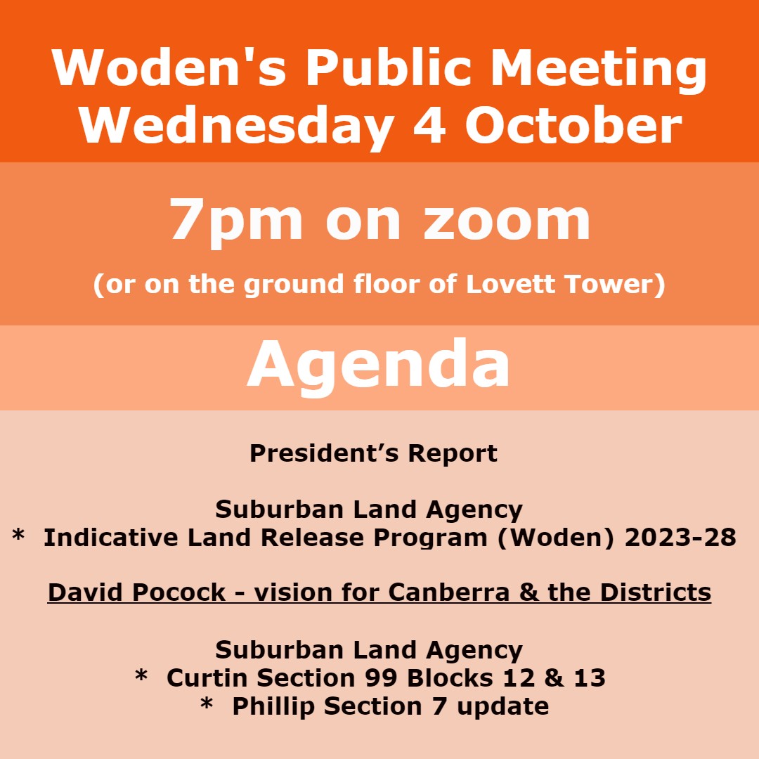📷Woden's public meeting - 7pm 4 October - please zoom into:
us02web.zoom.us/j/3645757423
David Pocock will provide an update on his vision for the Districts (which are a part of his vision for Canberra).
The Suburban Land Agency will provide and update on selling land.