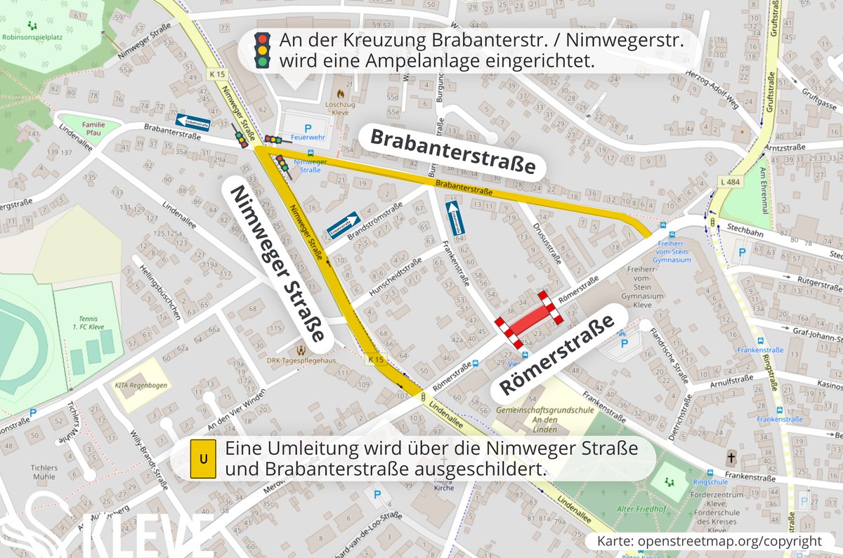 Aufgrund einer dringenden Kanalsanierung muss die Römerstraße in Kleve ab Mittwoch, 04.10.2023, auf einem Teilstück voll gesperrt werden. Alle Infos und Karten: kleve.de/stadt-kleve/ra…