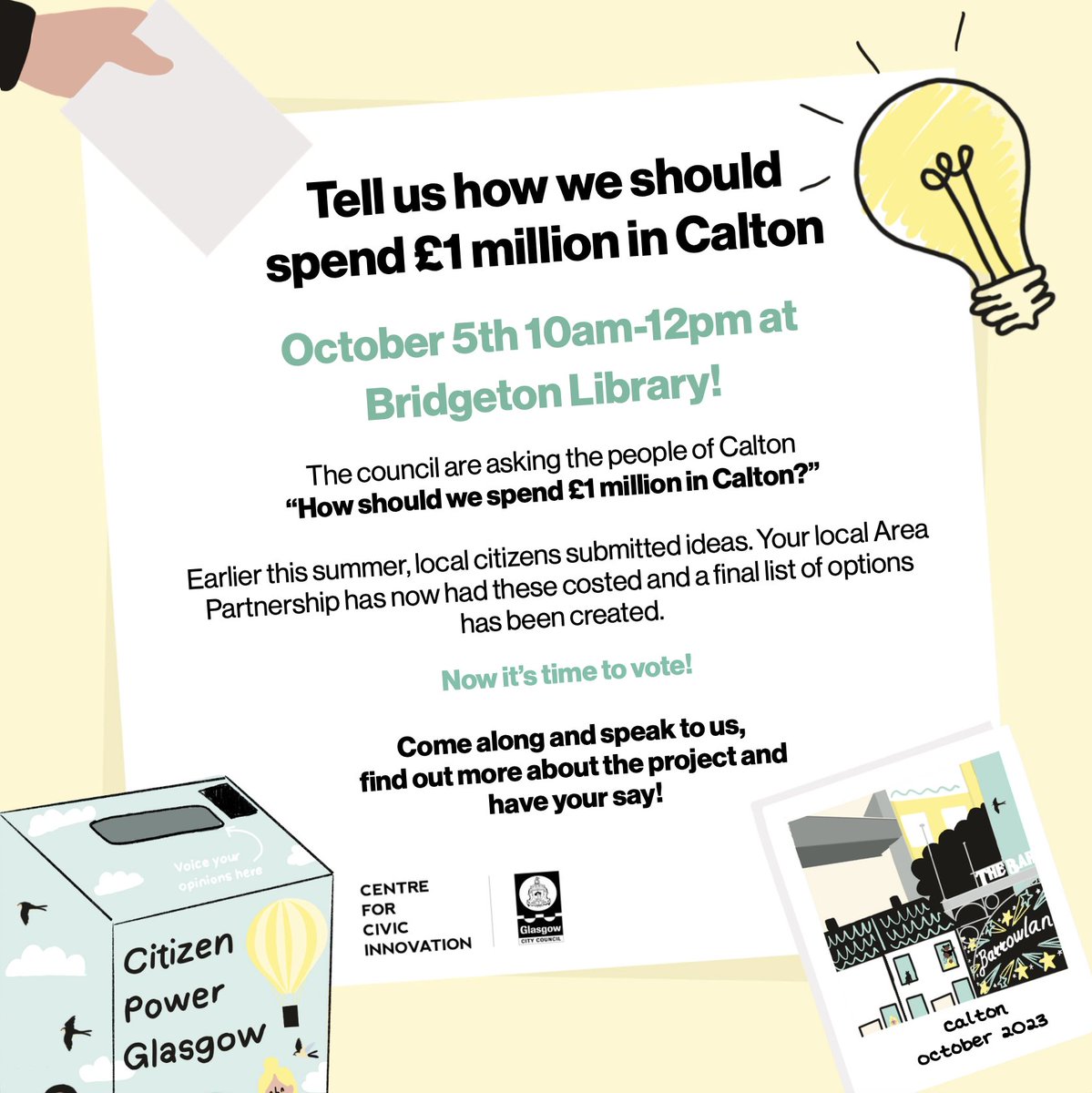How should we spend £1 Million in Calton? There will be two pop-ups in the ward this week to share #YourCitizenVoice Come along to Parkhead Library on Wednesday OR Bridgeton Library on Thursday to have your say! OR VOTE ONLINE: cciglasgow.org/calton/ #Calton #NIIF #HaveYourSay