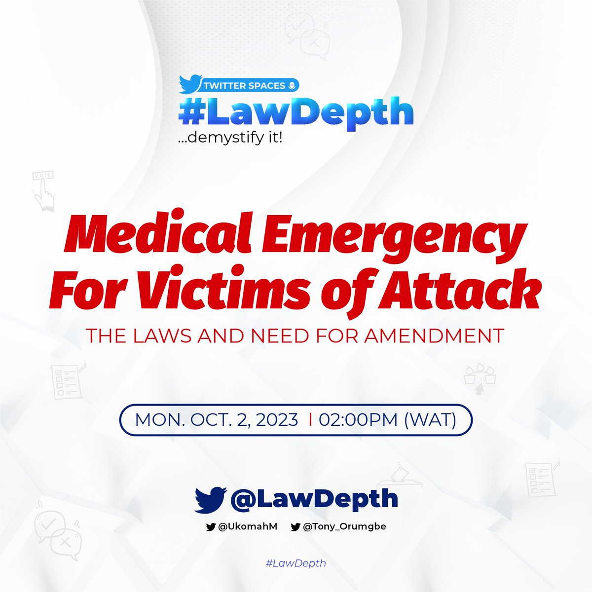 UkomahM's tweet image. Today, we will be considering the laws on compulsory treatment of gunshot victims and the need to amend these laws &amp;amp; how Orientation should be done for the public and hospitals to be aware.

Join us on @LawDepth today at 2pm with @Tony_Orumgbe &amp;amp; @UkomahM 

Link is in the thread.