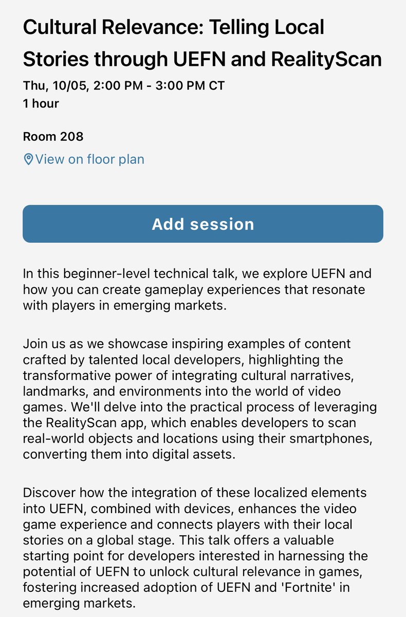 If you are at #UEFest, do swing by my talk titled “Cultural Relevance: Telling local stories through #UEFN and #RealityScan”. 

It’s all about making beautiful looking #FortniteCreative experiences with assets that are sourced locally. I promise you’ll find some inspiration!