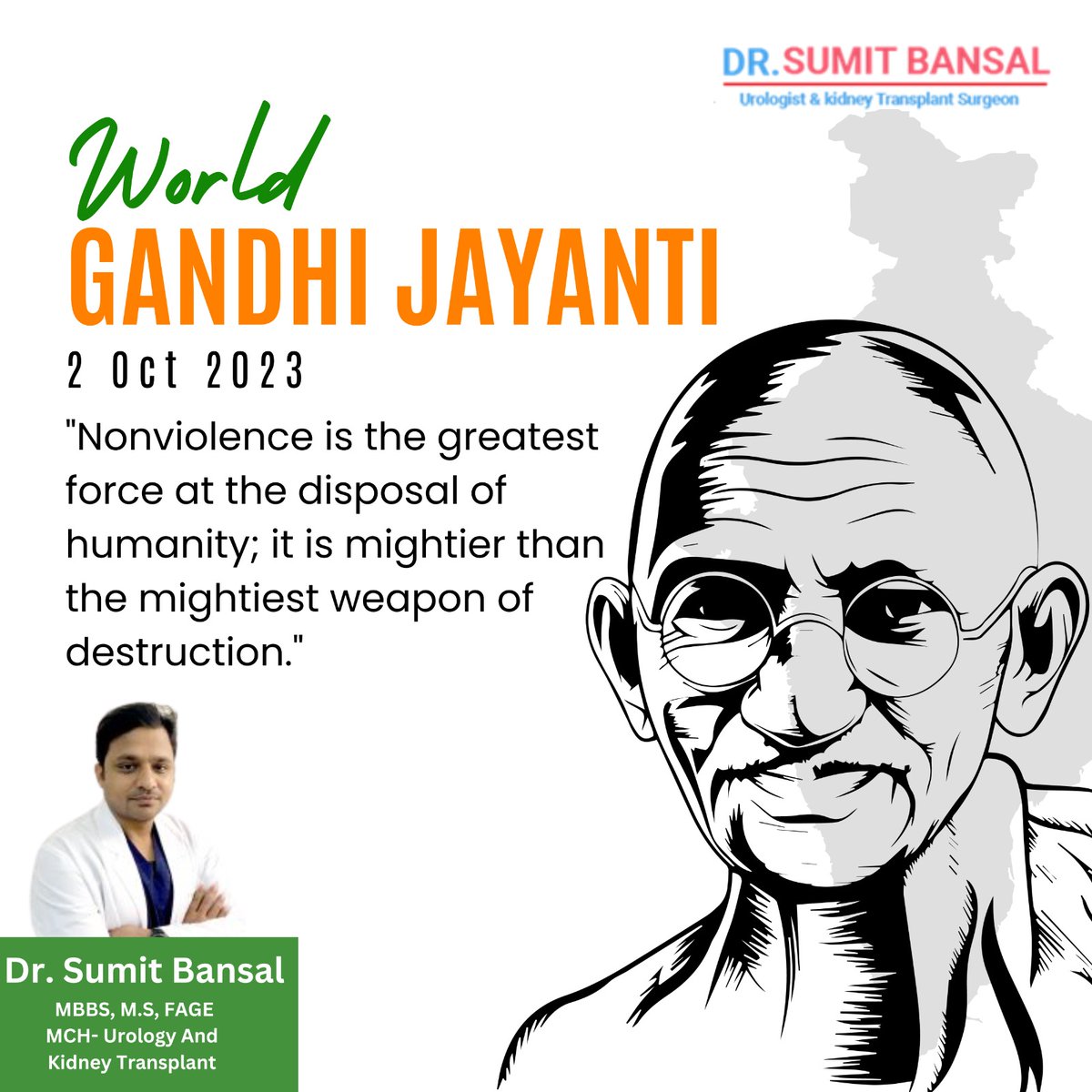 "☮️ Happy Gandhi Jayanti ☮️ 
On Gandhi Jayanti, let's recommit ourselves to living our lives with truth, love, and compassion.
Dr Sumit Bansal Advanced urology and kidney transplant Delhi NCR

#GandhiJayanti #TruthNonViolence #PeaceCompassion #BeTheChange #StrengthLove