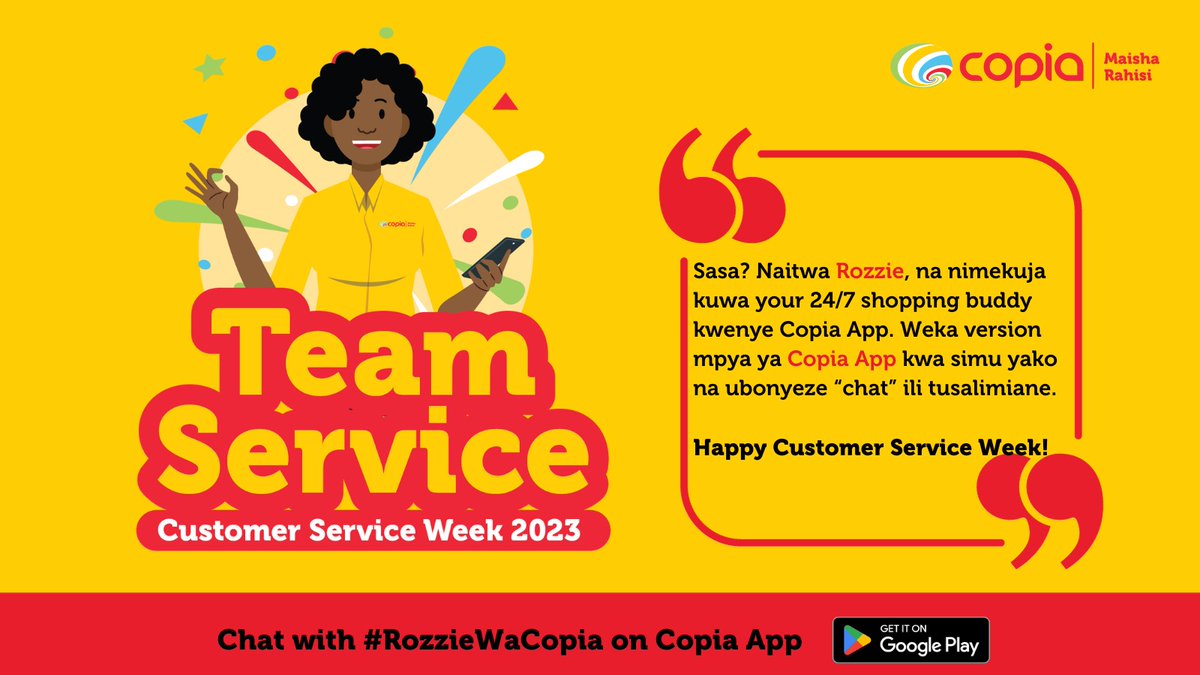 CopiaKenya's tweet photo. What an incredible #CustomerServiceWeek! 🌟 Say hello to #RozzieWaCopia, an amazing new chatbot that has come to Copia App to make #MaishaRahisi zaidi! 🤖 #ChatWithaRozzie today and enjoy instant shopping assistance 24/7. 🛒💬 #CopiaCSWeek2023 https://t.co/nWfvkl02az