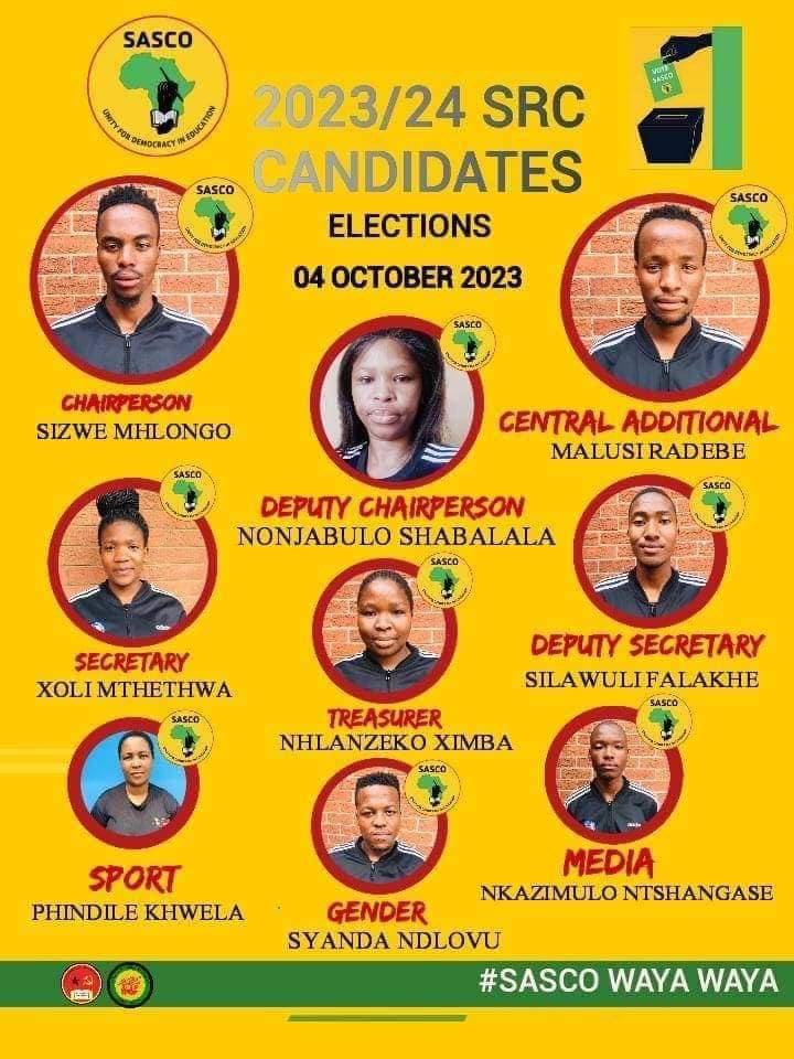 SascoNational's tweet photo. Umfolozi Tvet College students are encouraged to vote for the South African Students Congress (SASCO) in all campuses in the upcoming SRC Elections on the 4th of October 2023 

🖤💚 💛 ❤️
#VoteSASCO 
#TheOnlySululu
#SASCOyabafundi
#sasco_ingeyethu https://t.co/FefnHFiLlZ