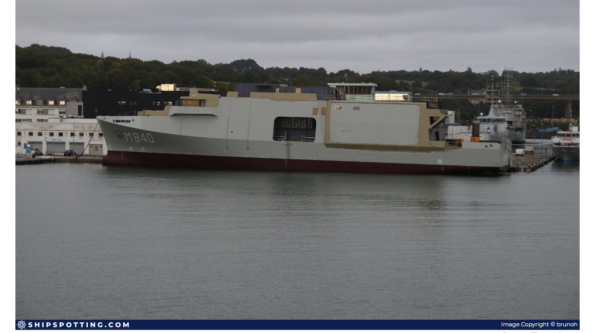 D__Mitch's tweet photo. The first of the total six (6) mine countermeasure vessels (MCMV) for the @kon_marine, HNLMS Vlissingen (M840), and second in the City-class MCMV for #Belgium and the #Nethelands, under construction in #France. This is the first time for the Netherlands to purchase ships from a foreign shipyard. The new ships will replace the Tripartite class (Flower and Alkmaar classes respectively).