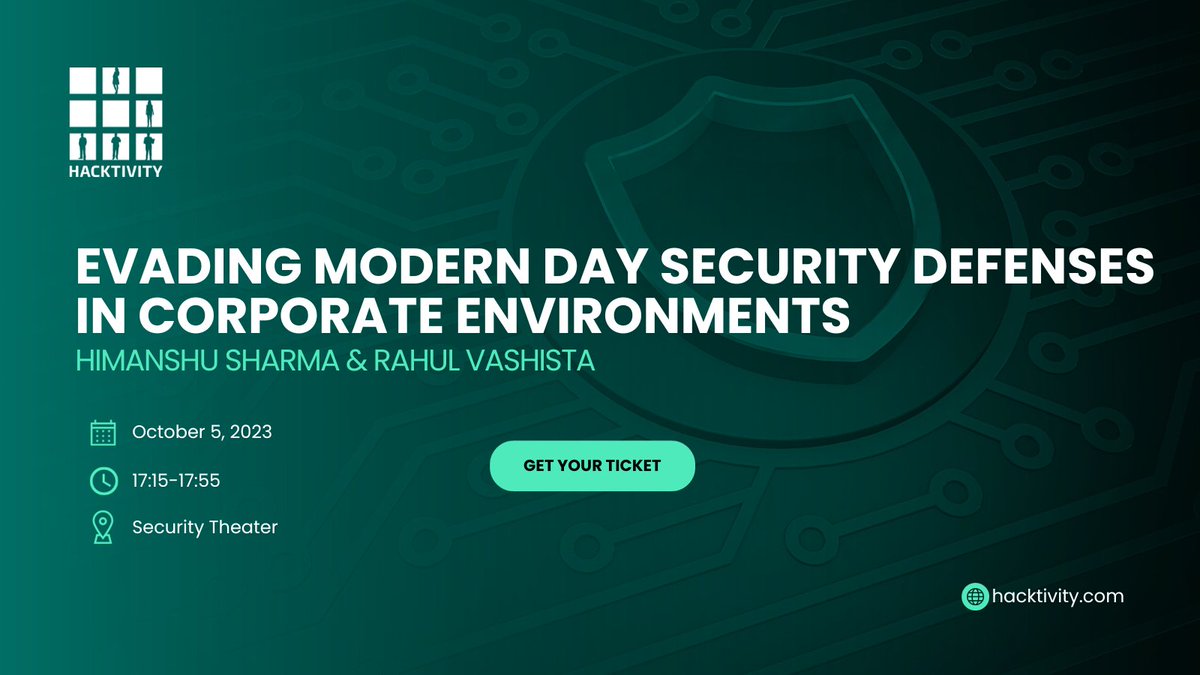 hacktivityconf's tweet image. 🔒 Join us at #Hacktivity2023 for an eye-opening talk on &quot;Evading Modern Security Defenses in Corporate Environments&quot; by @himanshu_hax, @pacifier769

Real-life scenarios and custom tools revealed. 

Tickets: t.ly/hwR7w

#Hacktivity #Cybersecurity