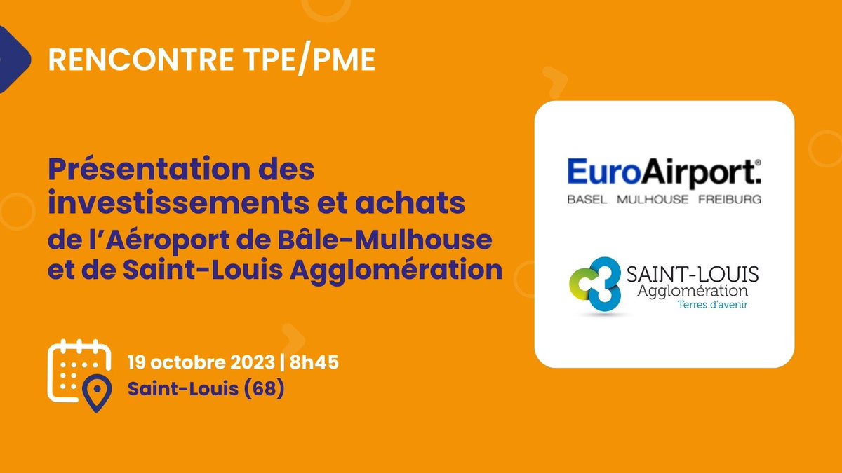 🔴Venez participer à des présentations des projets d’achats en matière de #travaux, #fournitures et #services de l'EuroAirport Bâle-Mulhouse Bâle-Mulhouse et de Saint-Louis Agglomération (68) le 19 octobre prochain.

👉Plus d’infos et inscription :
commandepublique-grandest.fr/evenement/pres…