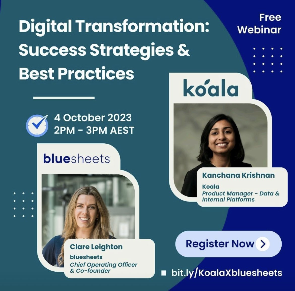 Join an expert-led webinar with Kanchana Krishnan, Product Manager at Koala, and Clare Leighton, COO of @bluesheets_io. Discover the keys to success in today's digital business landscape. 💡🚀

Don't miss out! Register now - bit.ly/45bXbAE