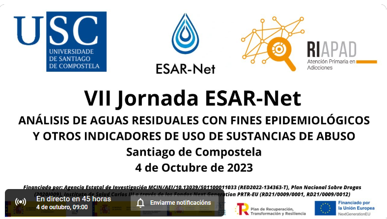 EsarNet's tweet photo. Queremos informaros de que el registro presencial la "VII JORNADA ESAR-NET – ANÁLISIS DE AGUAS RESIDUALES CON FINES EPIDEMIOLÓGICOS Y OTROS INDICADORES DE USO DE SUSTANCIAS DE ABUSO" está completo, pero podréis seguir la jornada a través de YouTube 📺(1/2) https://t.co/TqDz4U5cTR