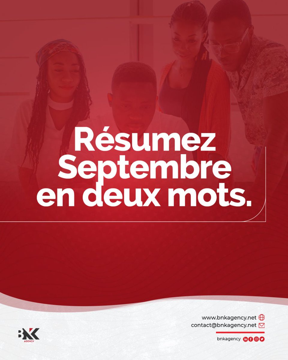 bnkagency's tweet photo. Octobre est déjà là !!
Comment a été votre mois de Septembre ?
Résumez votre mois en deux mots !!
Bnk : Travail – Cohésion
Excellent Mois à tous ! 🙏🏾
#bnkagency #createurdigital #logos #communicationdigitale #réseauxsociaux #octobre https://t.co/WXj3PWwZeb