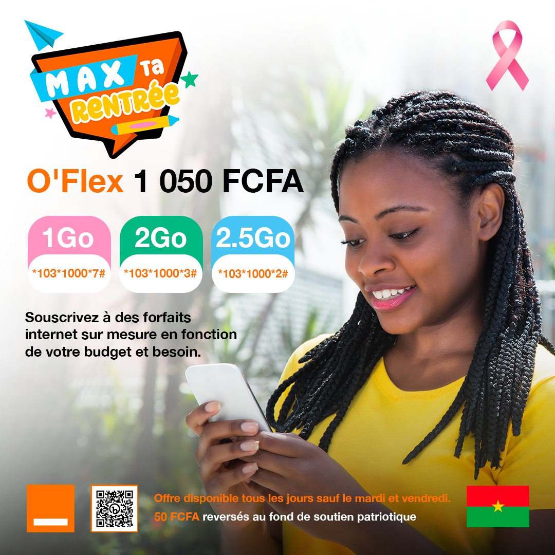 OrangeBurkina's tweet photo. 𝐎’𝐅𝐥𝐞𝐱 est spécialement conçue et adaptée pour vos besoins selon votre budget.
𝐀𝐯𝐞𝐜 𝟏 𝟎𝟓𝟎 𝐅 𝐂𝐅𝐀, 𝐨𝐩𝐭𝐞𝐳 pour 𝟏 Go, 𝟐 Go 𝐨𝐮 𝟐,𝟓 Go de data.
Souscription est possible à partir de l’application Orange et moi.
https://t.co/fiY8Rpocc8
#Oflex https://t.co/bQdjsoKoEe