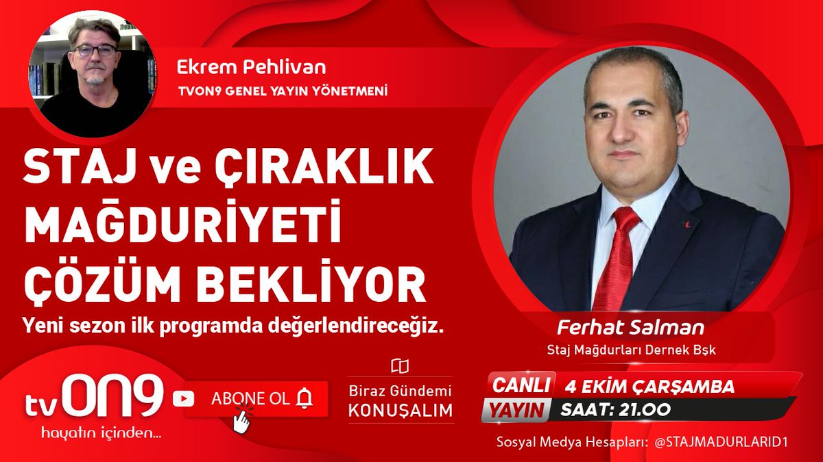Staj Mağdurları Dernek Başkanı Ferhat SALMAN’la yeni sezon ilk programda çırak ve staj mağdurlarını konuşacağız.

STAJ ve ÇIRAKLIK
MAĞDURİYETİ
ÇÖZÜM BEKLİYOR

Kaçırmayın 👇✅‼️🌍🌿
▶️ İzlemek için👇👇
youtube.com/watch?v=wDR6gk…
📅 4 Ekim Çarşamba
⏰  21.00

<a href="/STAJMADURLARID1/">Ferhat Salman</a>