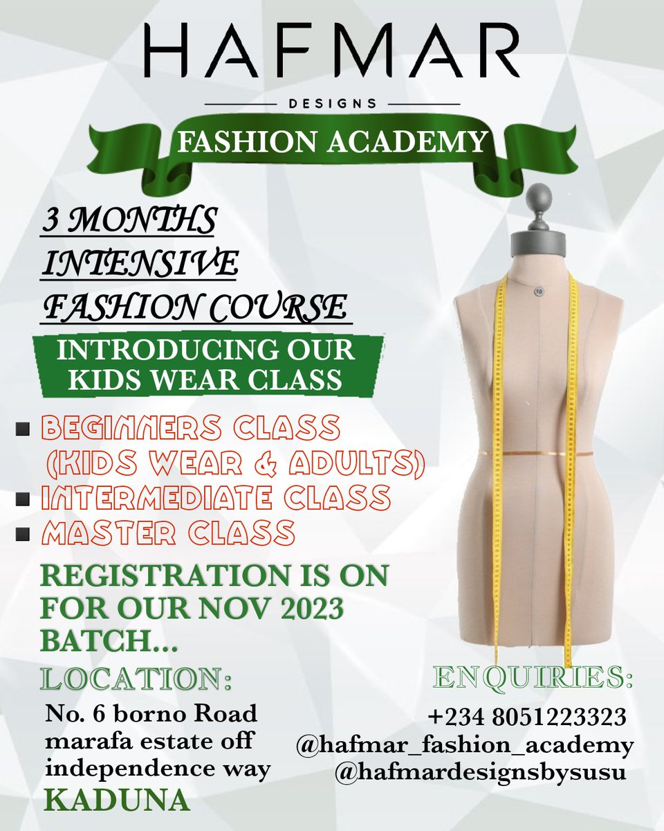 HAPPY INDEPENDENCE DAY NIGERIA 🇳🇬.......... PLEASE RETWEET, YOU MAY BE HELPING SOMEONE🙏 

THE WAIT IS OVER, AS WE INTRODUCE OUR KIDS WEAR CLASS FOR BOTH BEGINNERS AND UPGRADE........💃💃💃💃💃 YOU ASKED AND WE LISTENED 😊❤️

REGISTRATION IS ON FOR OUR NOV 2023 CLASSES......
