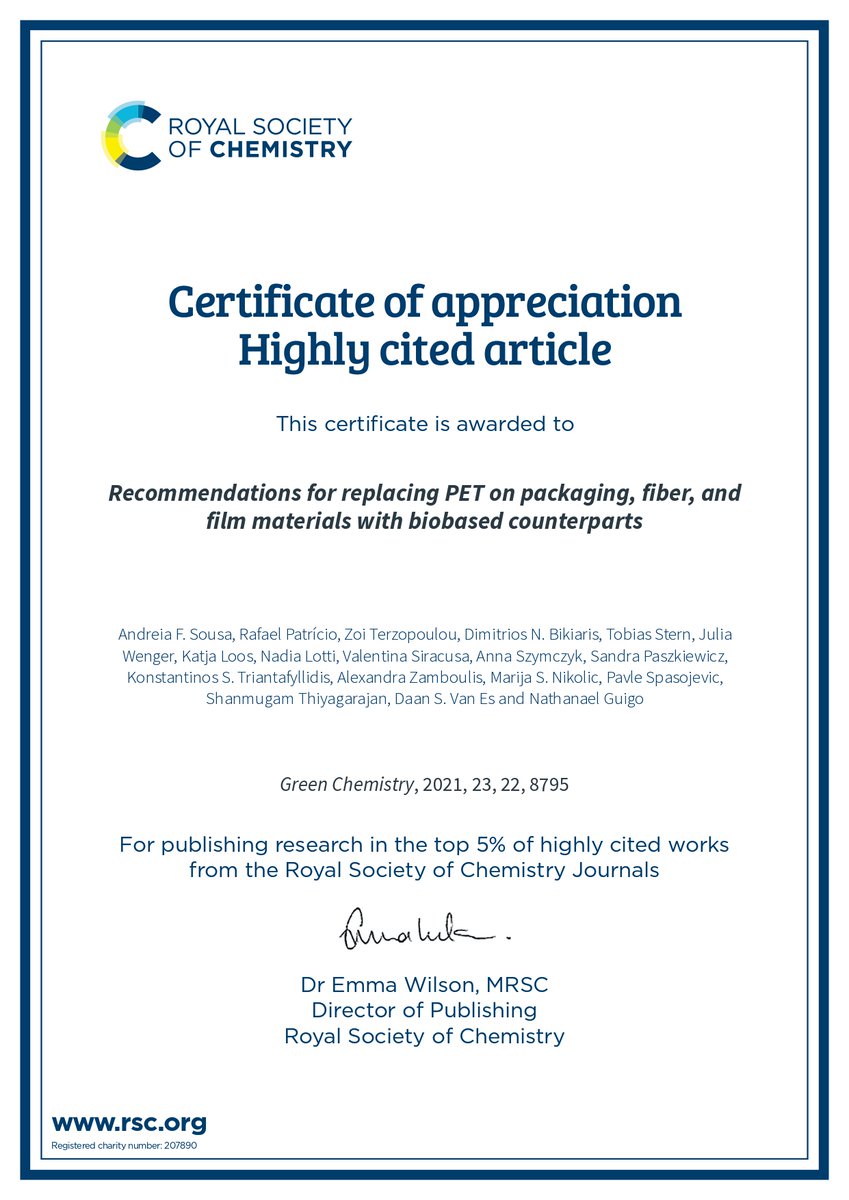 Fur4Sustain's tweet photo. 📢 Great news!
The paper: "Recommendations for replacing PET on packaging, fiber, and film materials with biobased counterparts" is among the most cited in 2022 🥳🙌
It's in the top 5% of highly cited articles from the Royal Society of Chemistry.
👉 https://t.co/epqnuVqXnB https://t.co/n3Fuz2TbZ0
