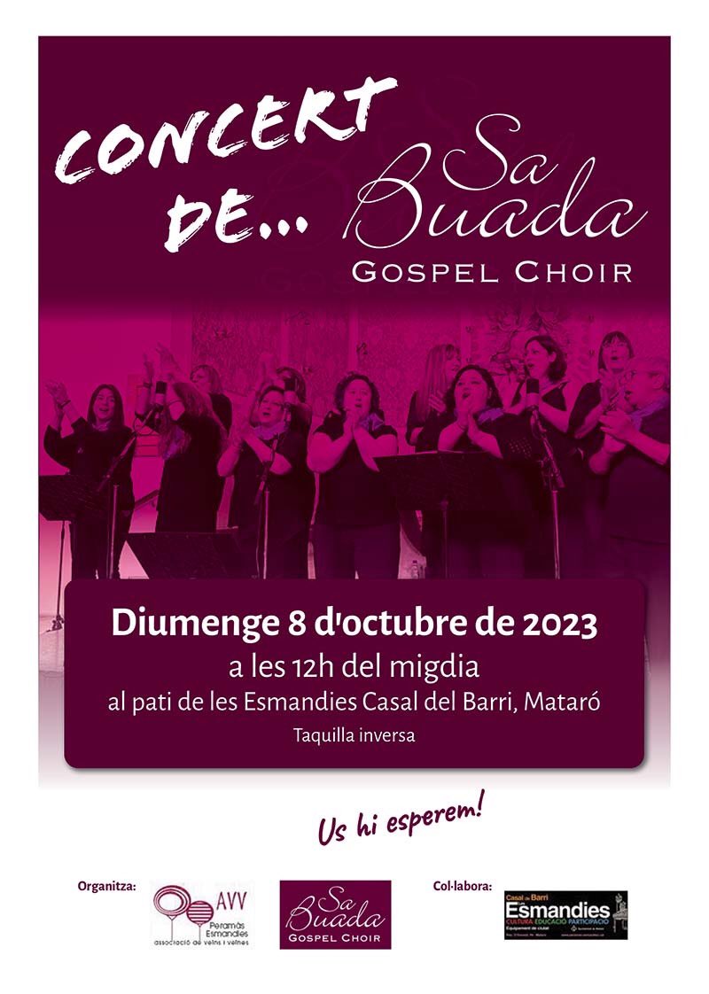 Queda molt poc! Mataró ens espera!!!💜

Diumenge teniu una cita amb les Sa Buada Gospel Choir!

El dia 8 d’octubre a les 12 del migdia us esperem al pati de les Esmandies Casal del Barri a Mataró.

No hi podeu faltar!!!💜🎶🎙
🎤🎙🎶🎵🎼