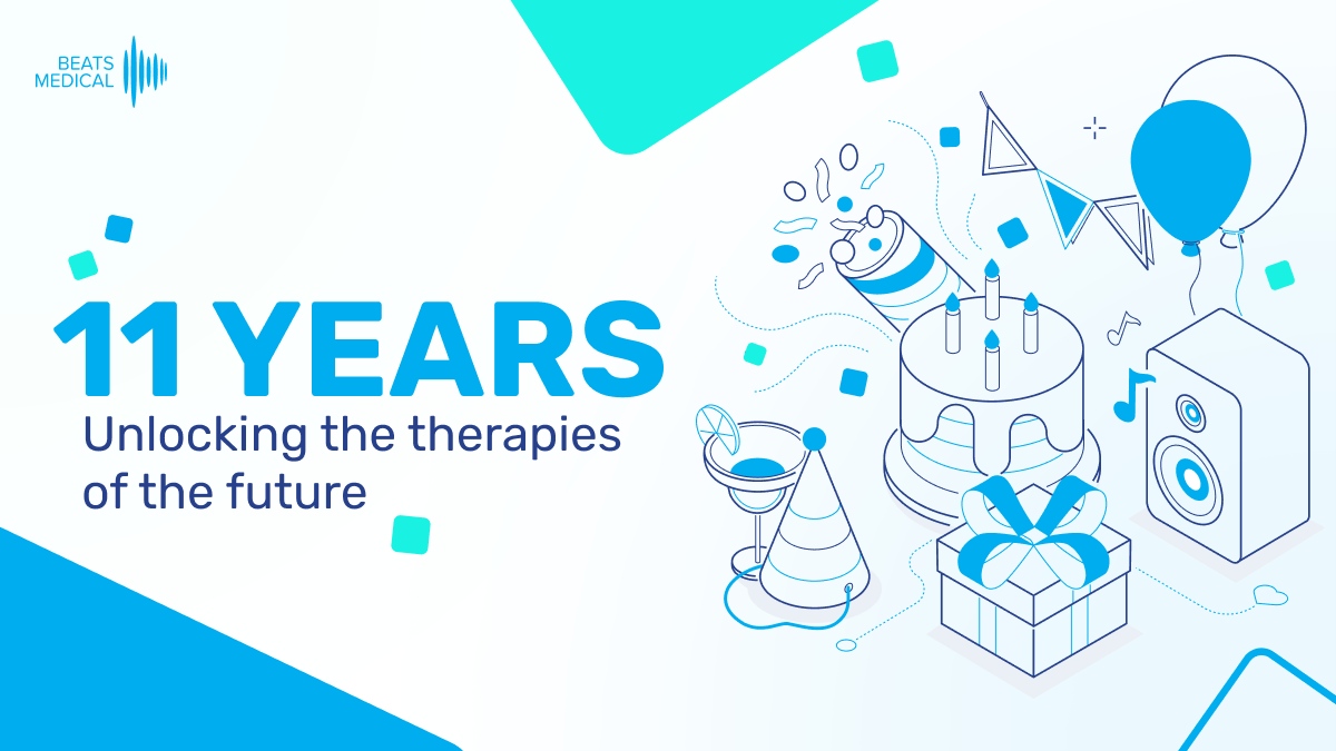 BeatsMedical's tweet photo. This month we are celebrating Beats Medical’s 11th birthday!

We are proud of our incredible team, the innovation we have brought and continue to bring to life, and our dedication to unlocking the therapies of the future.

#CNS #DTx #digitaltherapeutics #digitalbiomarkers https://t.co/g9TNWnkayy