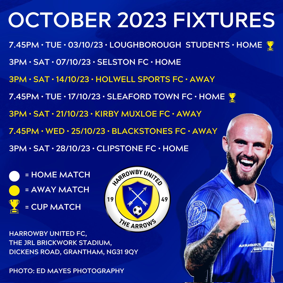 harrowbyutd1949's tweet photo. *OCTOBER* We've got plenty of fixtures this month for you all to enjoy, including 2 home games this week, starting tomorrow evening! So, come down, get involved and support YOUR local ⚽️ club. #TheArrows #Harrowby 🏹👊 https://t.co/q6YtRTDNxN