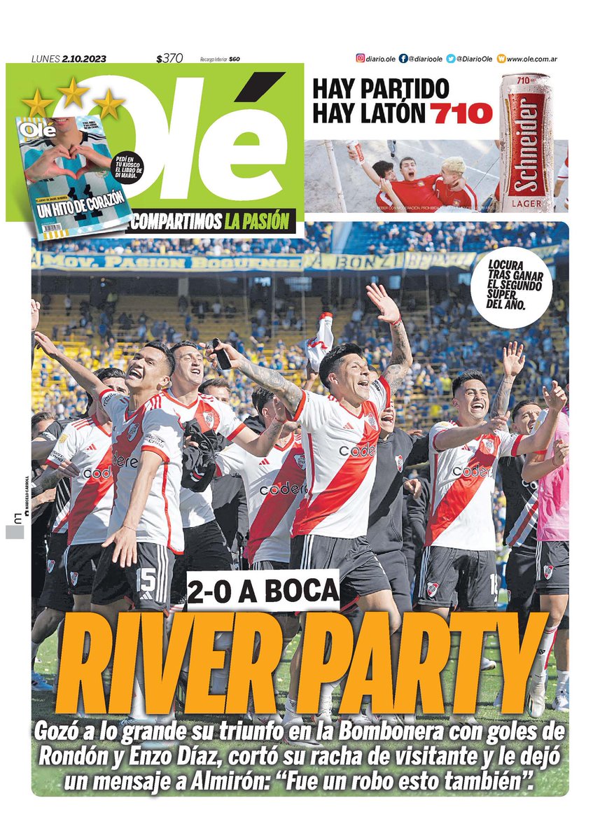 WalterVerst's tweet photo. #BuenDía y #BuenLunes para todos!!!!
Te presentamos las portadas de los diarios de hoy #Lunes 02/10/2023 #2deOctubre #2Oct2023 #2Oct.

#DiarioOlé 
#Superdeportivo https://t.co/WSh3YqPCuC