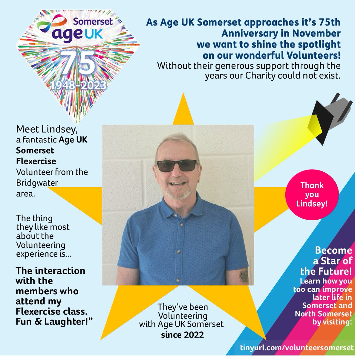 In the run up to the Age UK #Somerset #75thAnniversary we're shining a spotlight on our volunteers ⭐⭐⭐⭐⭐

Meet Lindsey! He enjoys the fun &amp; laughter at the weekly chair-based exercise group he leads as an @agewellsomerset Flexercise #Volunteer.

➡️ ageuk.org.uk/somerset/get-i…