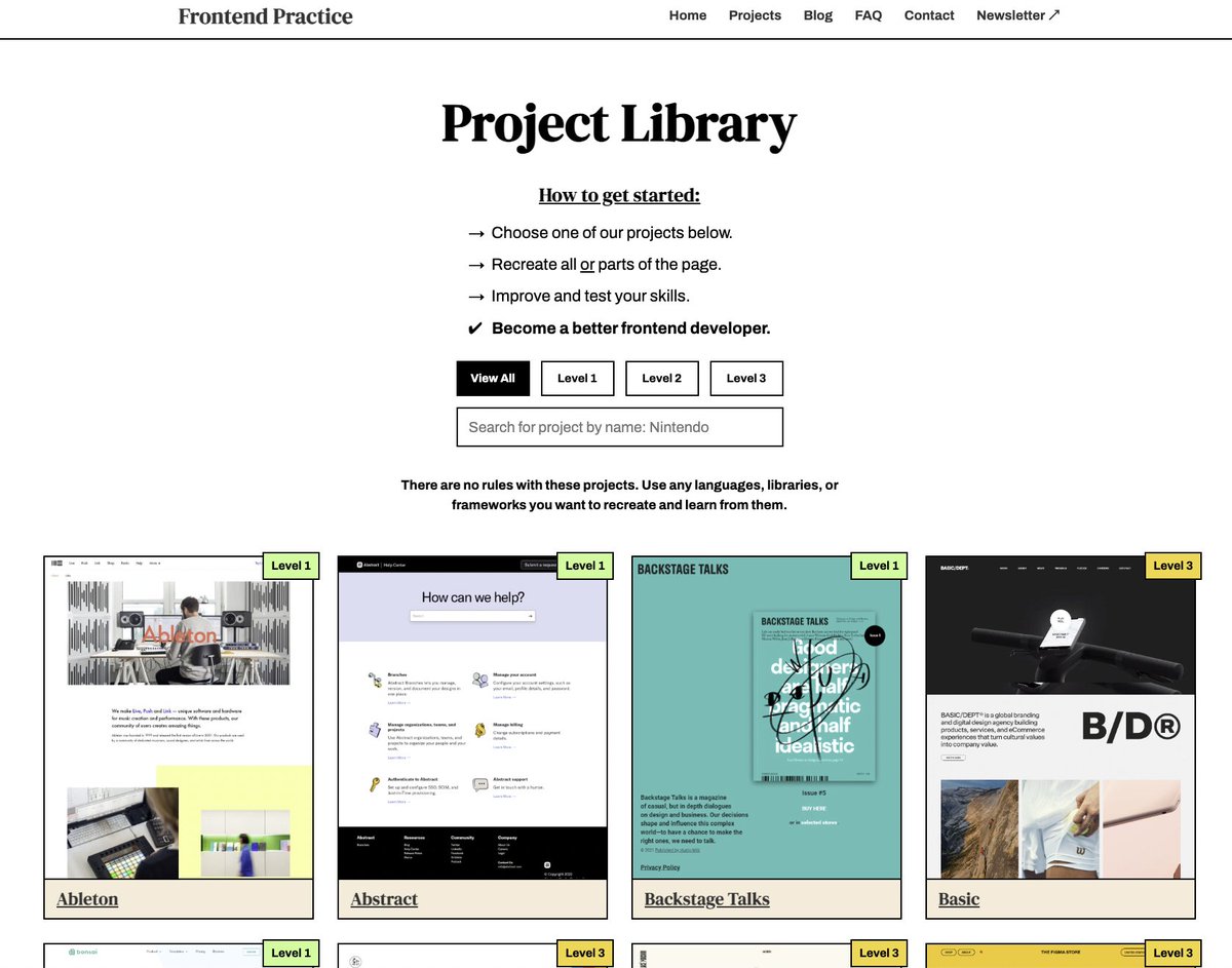 alexsoyes's tweet image. En cherchant des exercices à faire pour les entretiens techniques, je suis tombé sur frontendpractice.com qui propose une liste de challenges à réaliser en front. 🎨

(Parfait pour s'entrainer et comment des projets persos quand on n'a pas d'idée !)