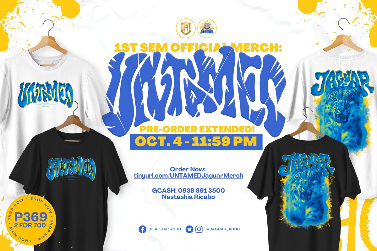 jaguar_addu's tweet image. A great news for persons with great style! 🤩

Pre-order of the official JAGUAR Merch for 1st sem 2023 is extended until October 04, 2023. 🐆

Don't miss out the chance and fill out now through this link:
tinyurl.com/UNTAMEDJaguarM… 

#JAGSApparel23🐾
#MoveWithStyle