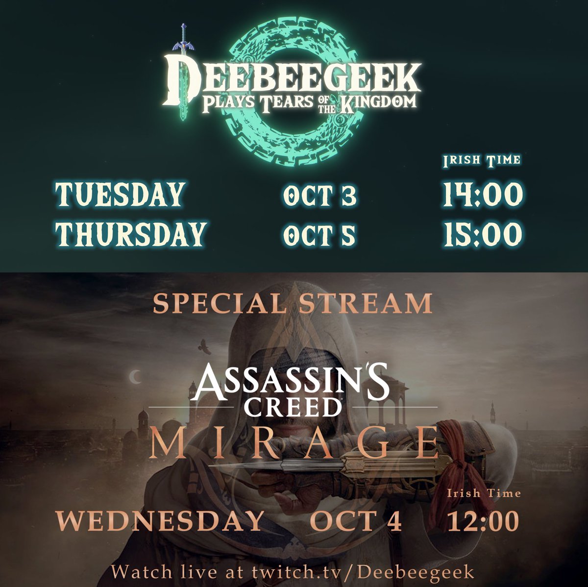 Deebeegeek26's tweet photo. Alright ye beautiful arseholes! We’re back with another week of EPEK Strims!!! This week is extra EPEK because I will be doing a special #AssassinsCreedMirage premiere stream on the 4th! And yes of course the misadventures of LINK continues with #TearsOfTheKingdom Tues and Thurs! https://t.co/pe2FYDjXTO