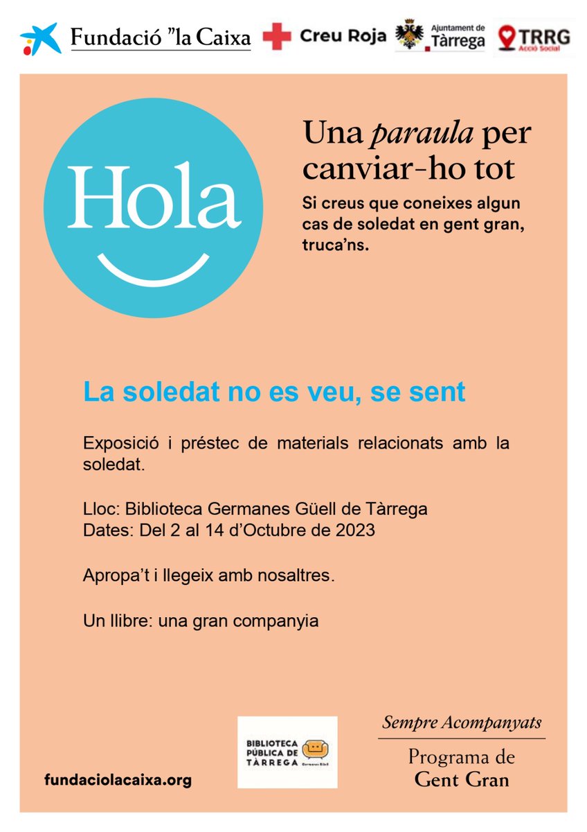 ajtarrega's tweet photo. 👴👵 #Tàrrega organitzem diverses activitats per commemorar el #DiaMundialGentGran 

🗓️ Amb el lema 'La soledat no es veu, se sent' dimecres 4 d'octubre (11h), el Casal Cívic acollirà una taula rodona per reivindicar la importància de les relacions socials i trencar estereotips https://t.co/5nyY6EChFm