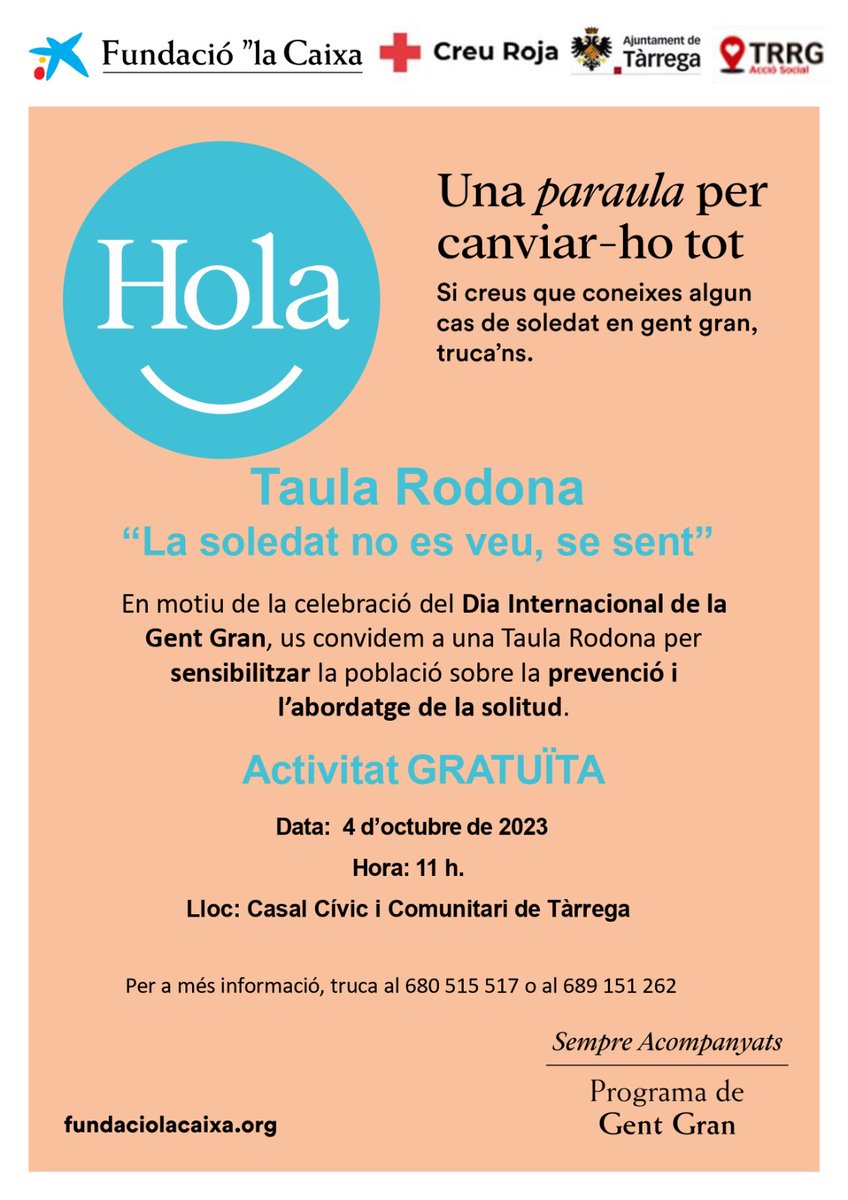 ajtarrega's tweet photo. 👴👵 #Tàrrega organitzem diverses activitats per commemorar el #DiaMundialGentGran 

🗓️ Amb el lema 'La soledat no es veu, se sent' dimecres 4 d'octubre (11h), el Casal Cívic acollirà una taula rodona per reivindicar la importància de les relacions socials i trencar estereotips https://t.co/5nyY6EChFm