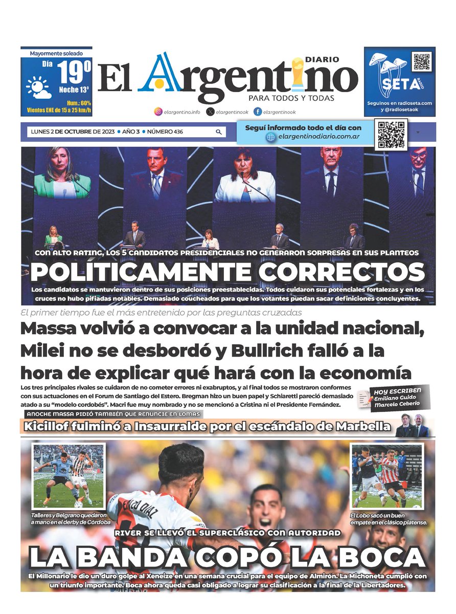 WalterVerst's tweet photo. #BuenDía y #BuenLunes para todos!!!!
Te presentamos las portadas de los diarios de hoy #Lunes 02/10/2023 #2deOctubre #2Oct2023 #2Oct.

#DiarioPopular 
#ElArgentino 
#Cronica https://t.co/BkmjejfdeG