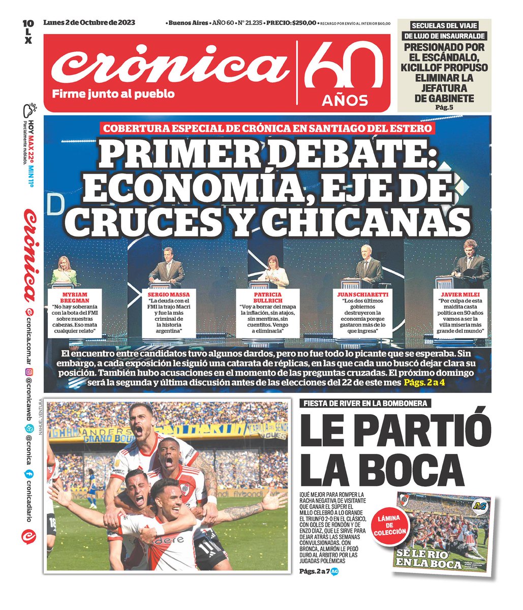WalterVerst's tweet photo. #BuenDía y #BuenLunes para todos!!!!
Te presentamos las portadas de los diarios de hoy #Lunes 02/10/2023 #2deOctubre #2Oct2023 #2Oct.

#DiarioPopular 
#ElArgentino 
#Cronica https://t.co/BkmjejfdeG