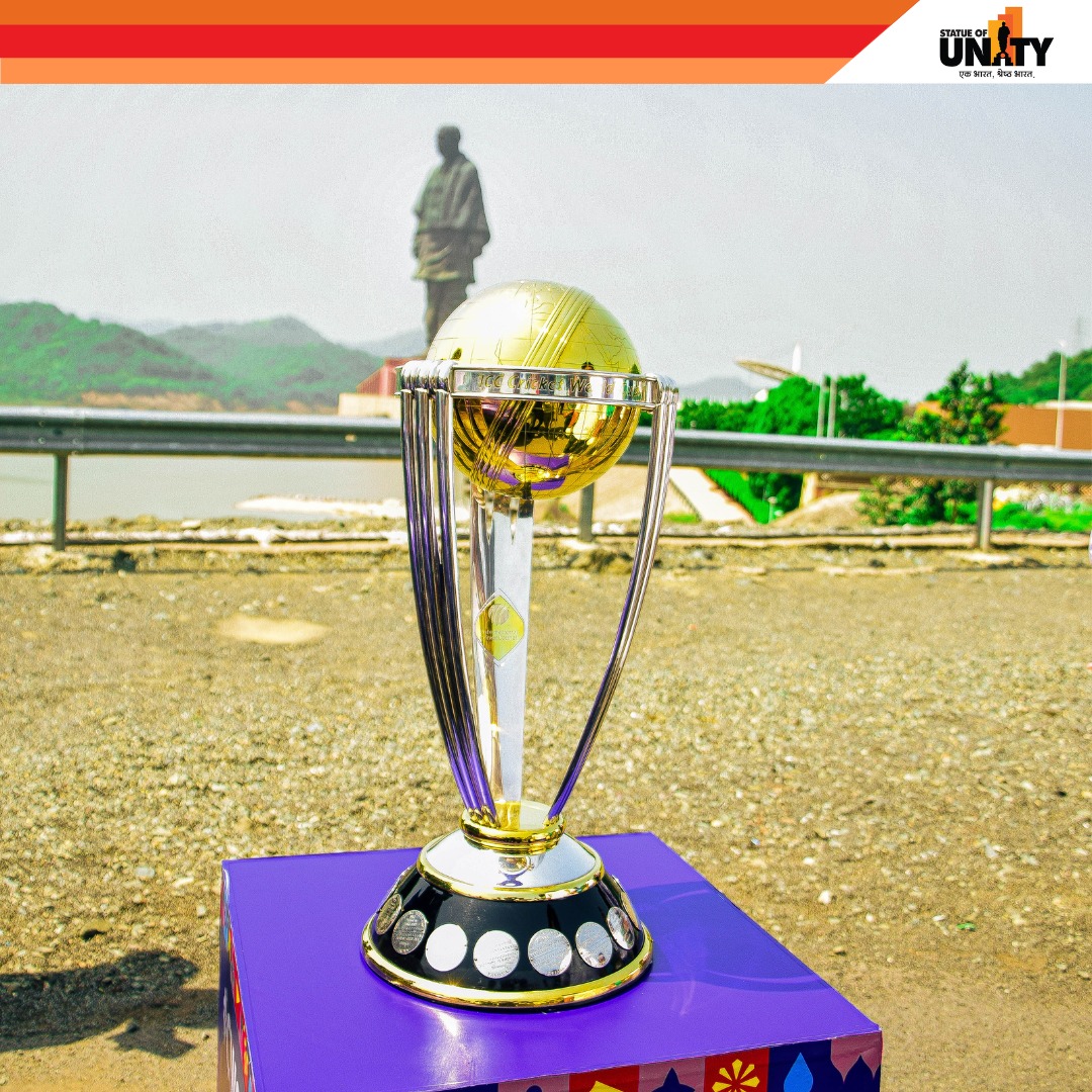 The ICC Men's Cricket World Cup Trophy takes flight to unite the world of cricket at the #StatueOfUnity in #EktaNagar! 🏆 Witness the magic of sportsmanship and unity in action. #ICCWorldCupTrophy