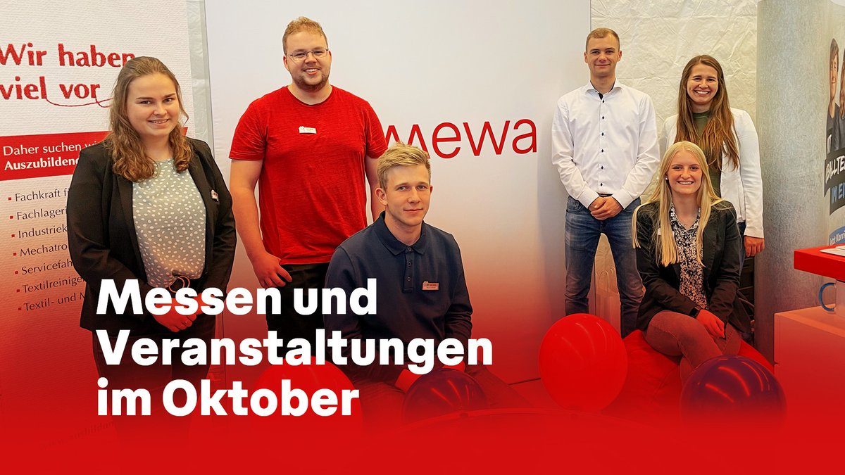 Im Oktober können Sie uns auf folgenden Messen treffen - wir freuen uns auf Sie! #mewatm
14.10.: Interkommunale Bildungsmesse, Stadthalle Holzgerlingen
19.10.: Karrieretag Stuttgart, Liederhalle Stuttgart,
21.10.: IHK Jobfit, Saturn Arena, Ingolstadt
24.-27.10: A+A, Düsseldorf