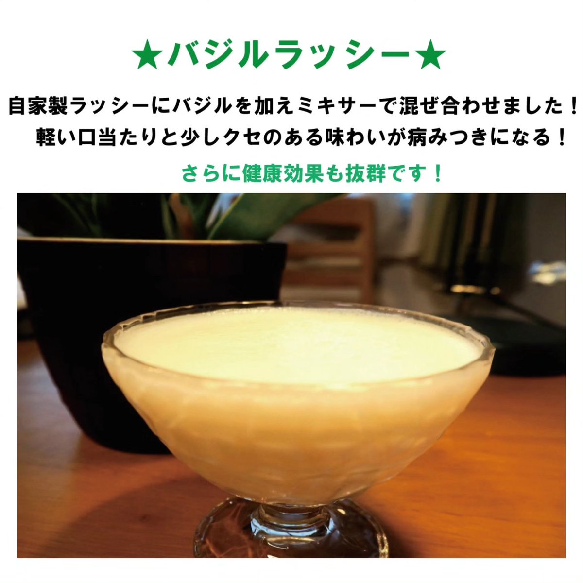 OMAKASE_YA's tweet photo. 【ドリンク大公開】
こんばんは！
今日も一日お疲れさまでした😄
最近段々と寒くなってきましたね🍁
OMAKASE屋では冷え性改善効果のあるバジルを使った自家製ラッシーを販売しますよ😆
一杯120円です！
ぜひご賞味ください😊
#大阪大学 #石橋阪大前グルメ #阪大 #間借り #石橋商店街 #健康ごはん https://t.co/wiOyegnoQZ
