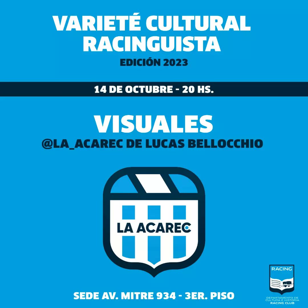 <a href="/LeanPapi/">@LeanPapi</a> <a href="/sof_1903/">Sofía Antonacci ⭐⭐⭐</a> <a href="/TanoMaringolo/">Tano Maríngolo 🎓</a> Muestra de fotos de recitales y visuales por @la_acarec de Lucas Bellocchio. 

Sorteos - Buffett económico y mucho Racing. 

Vení a pasar una noche cultural y racinguista.
