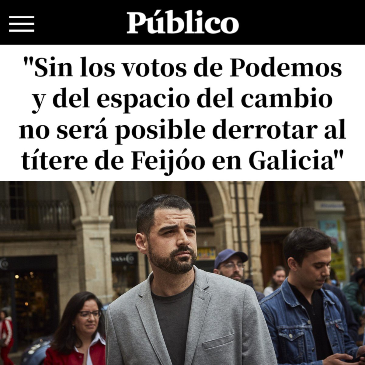 Podemos_Galicia's tweet photo. "O PP en Galicia ten un liderato moi feble. Rueda non é mais que un títere de Feijóo, que está mais pendente de dar soporte ao seu discurso estatal e de viaxar a Madrid para manifestarse, que de gobernar en Galicia."

O noso Coordinador Nacional @Borja_SRT en @publico_es . https://t.co/U7i7OoSeYA