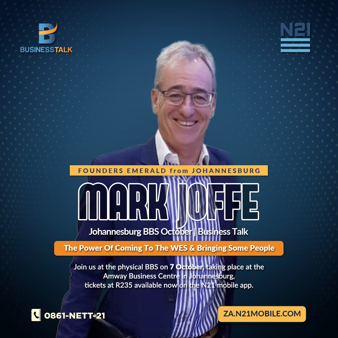 network21za's tweet photo. Mark Joffe, Founders Emerald from Johannesburg, will be speaking at the upcoming BBS in Johannesburg on 7 October.
#n21globalevents #n21global #network21sa #network21 #n21strong #n21events #N21 #amway #amwaysouthafrica #connect #n21connect #bbs https://t.co/scaw0M98zG