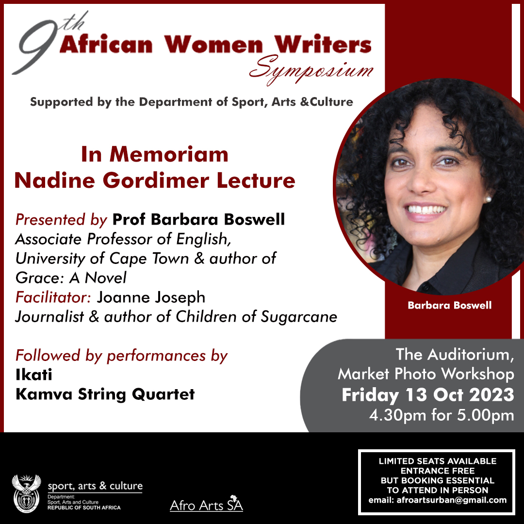 <a href="/rhodessa5/">Rhodessa Jones</a> <a href="/NalediShange/">jean jeans</a> <a href="/gasanomboniso/">Papama Nomboniso Gas</a> <a href="/sowetotheatres/">Soweto Theatre</a> <a href="/SportArtsCultur/">Department of Sport, Arts and Culture</a> <a href="/themedeaproject/">The Medea Project</a> <a href="/WitsWC/">Wits Writing Centre</a> <a href="/jtcomms/">#JTComms</a> <a href="/CSofPoetry/">CurrentStateOfPoetry</a> <a href="/Boskasie_/">BOSKASIE | #WeAreGold</a> <a href="/MarleyneB/">Marleyne Burke</a> <a href="/dshamiljar/">Dshamilja Roshani</a> <a href="/socleart/">Its Clear</a> <a href="/Muneyianaka/">Muneyi</a> 📢 Prof @bobbiboswell will present the #AWWS2023 Nadine Gordimer In Memoriam Lecture, followed by a Q&amp;A facilitated by <a href="/JoanneGJoseph/">Joanne Joseph</a> 
🎙🎶 Followed by performances by <a href="/Ikati_SA/">Ikati Esengxoweni</a> &amp; KAMVA

📅Fri 13 Oct 🕑4.30 for 5pm
📍<a href="/MarketTheatre/">The Market Theatre</a> 🎟 RSVP at afroartsurban@gmail.com

 #9thAWWS