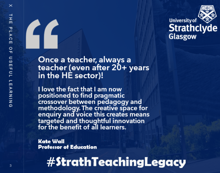 StrathEDU's tweet photo. Only one day to go until #WorldTeachingDay, and today's #StrathTeachingLegacy features our legend in education, Professor Kate Wall @kate_wall98. Kate specialises in all things practitioner enquiry, primary/early years education, voice and so much more. Find out more... https://t.co/Biy3yYt4rg